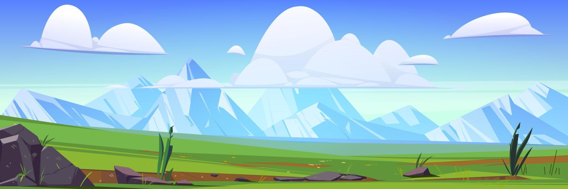 Green meadows and white mountains on horizon vector