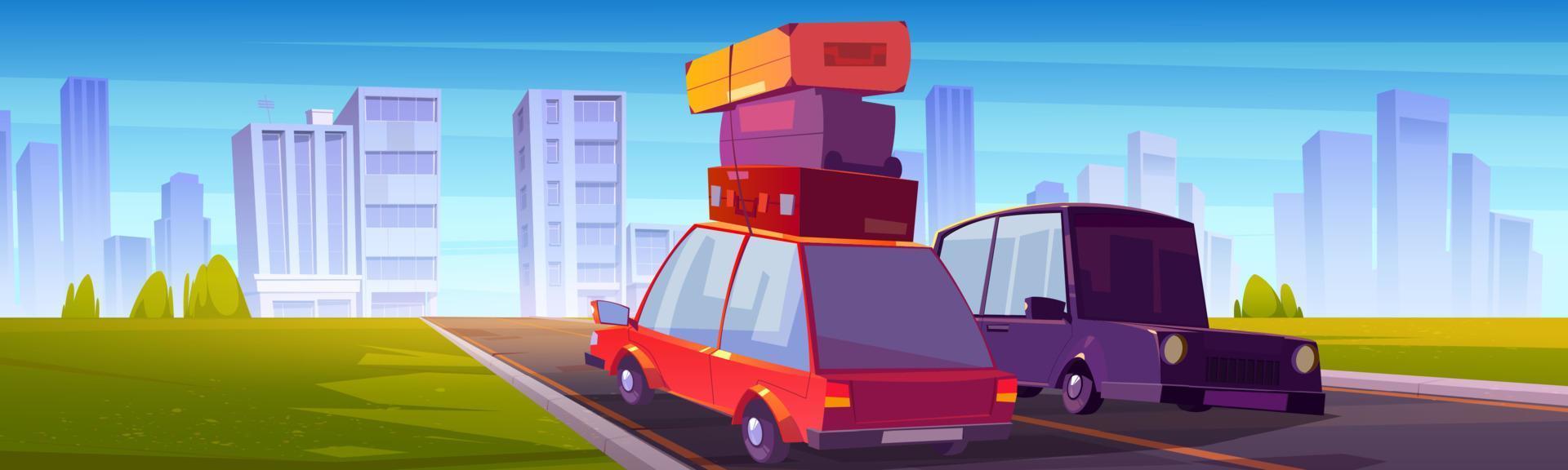 Cityscape with cars on road and houses on skyline vector