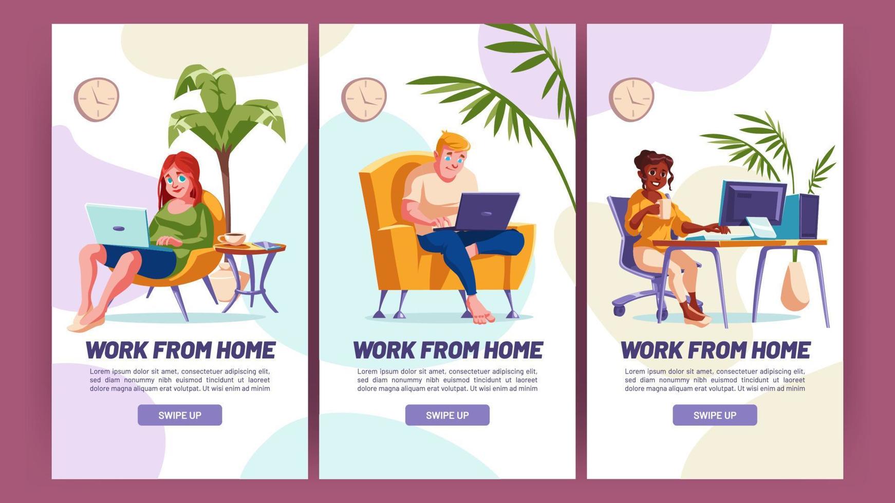 Work from home cartoon web banners, onboard screen vector