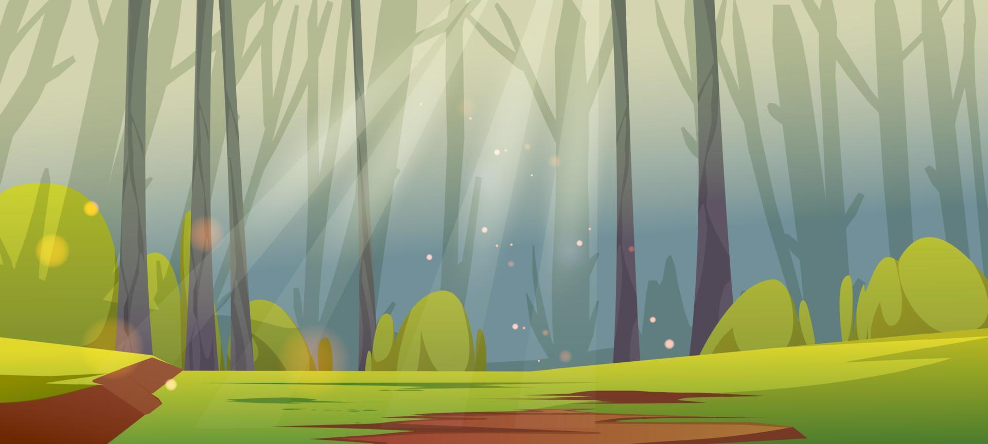 Deep forest with glade, green grass and trees vector