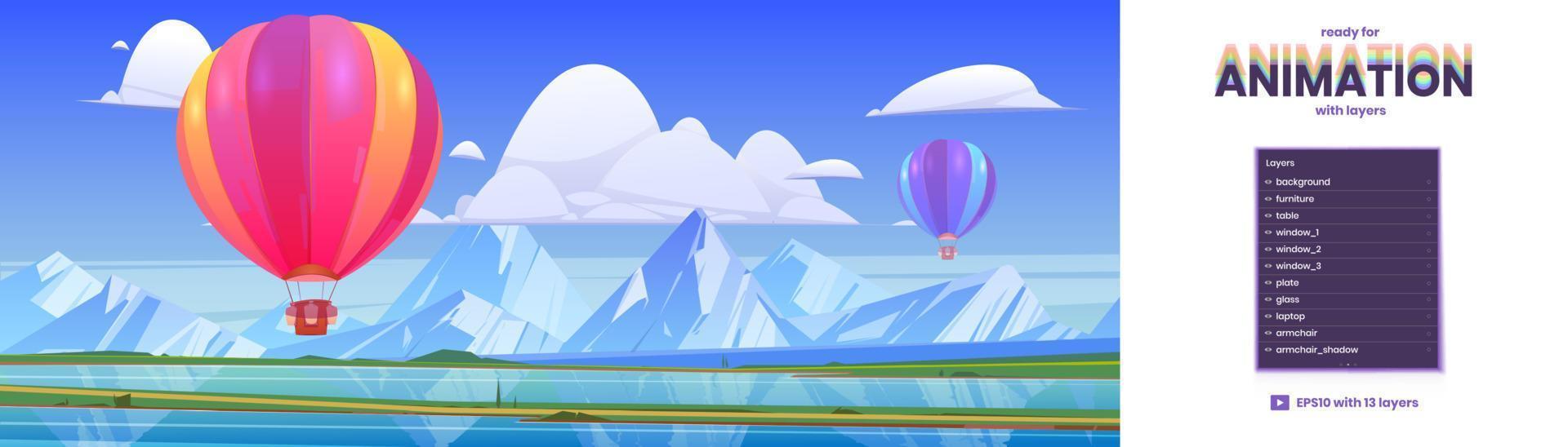 Parallax background with flying hot air balloons vector