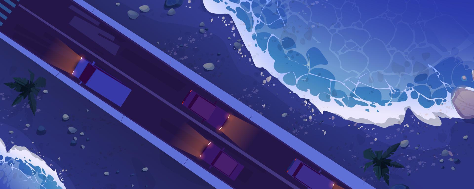 Top view of sea isthmus with car road at night vector