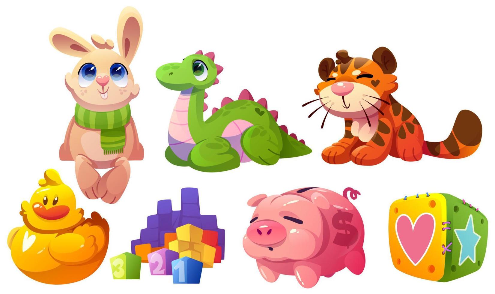 Kids toys funny plush soft tiger, bunny, dinosaur vector