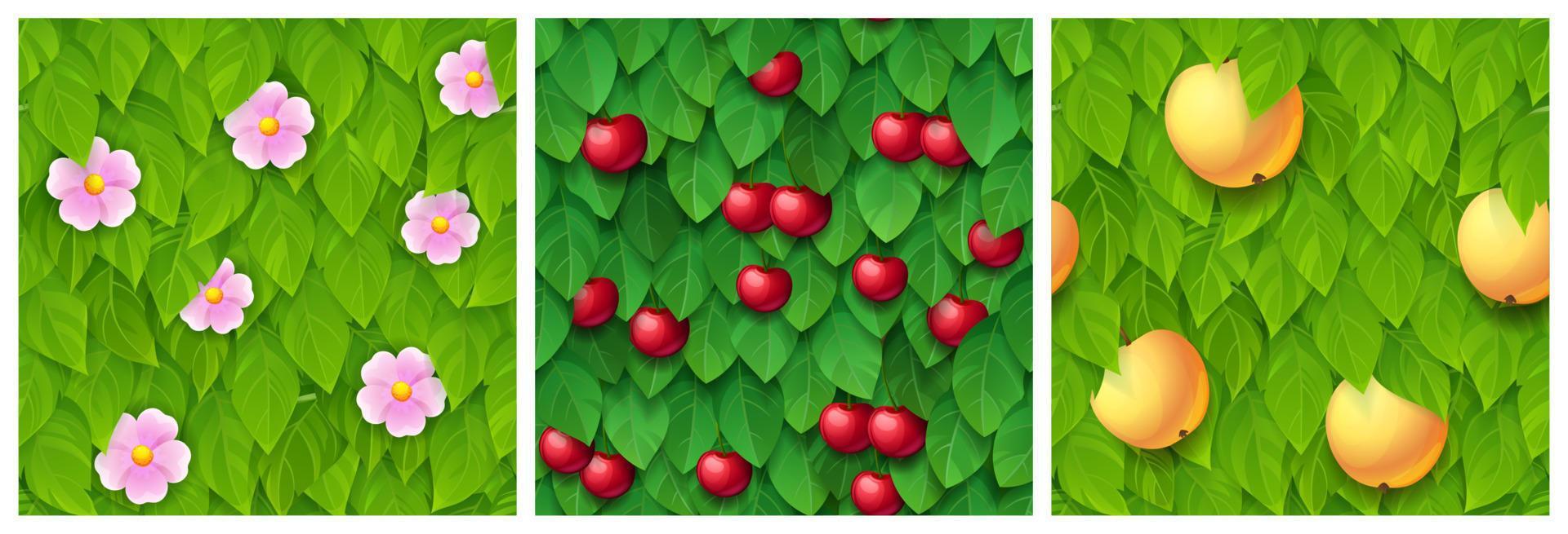 Game textures of green tree leaves and fruits vector