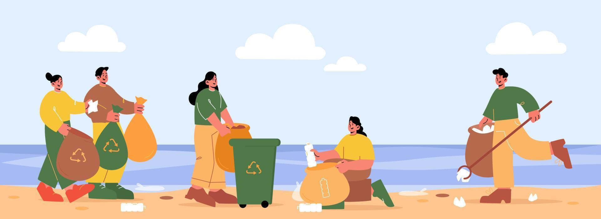 People collecting trash on beach, volunteers work vector