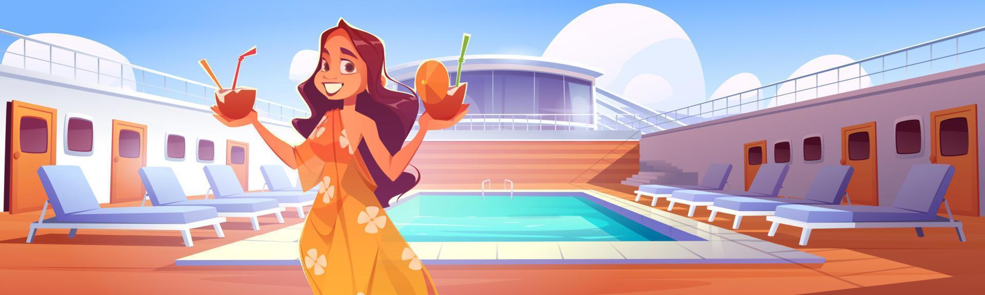 Woman with cocktails on cruise ship deck with pool vector