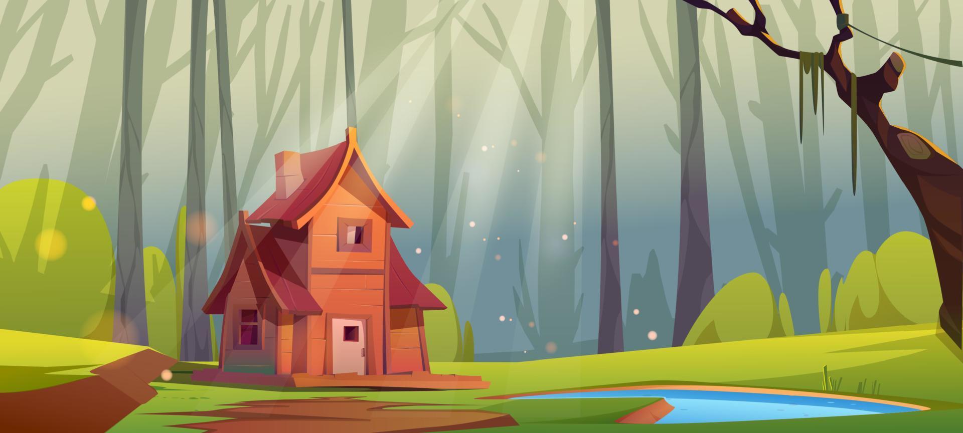Deep forest with wooden house and pond vector