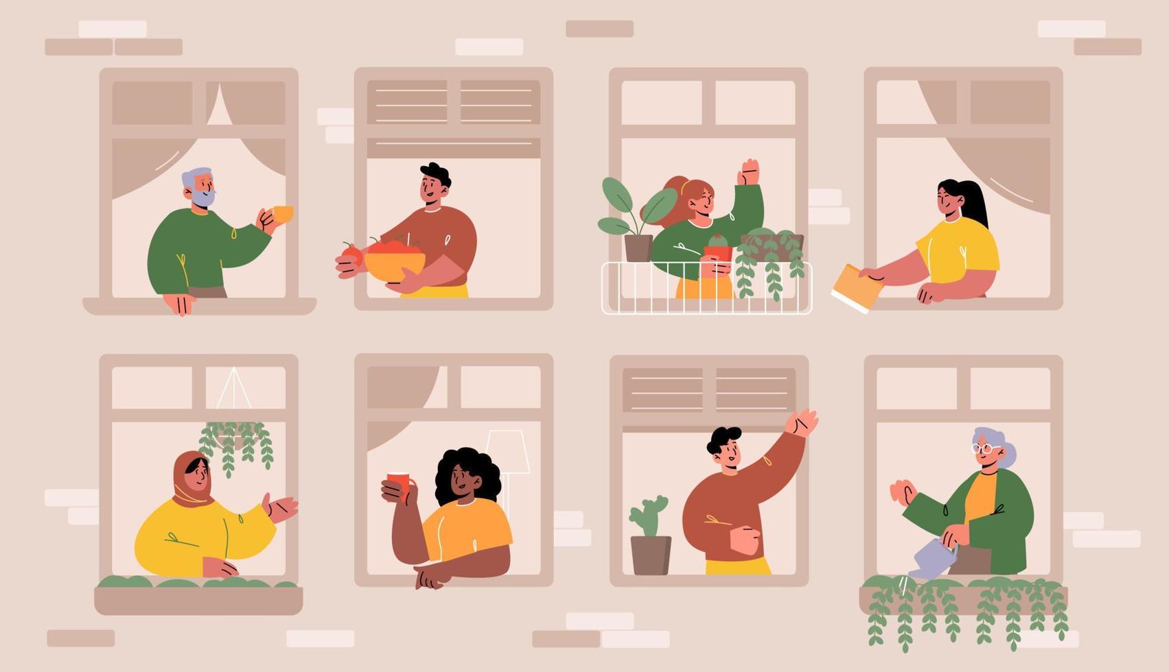 People in windows, friendly neighbors communicate vector