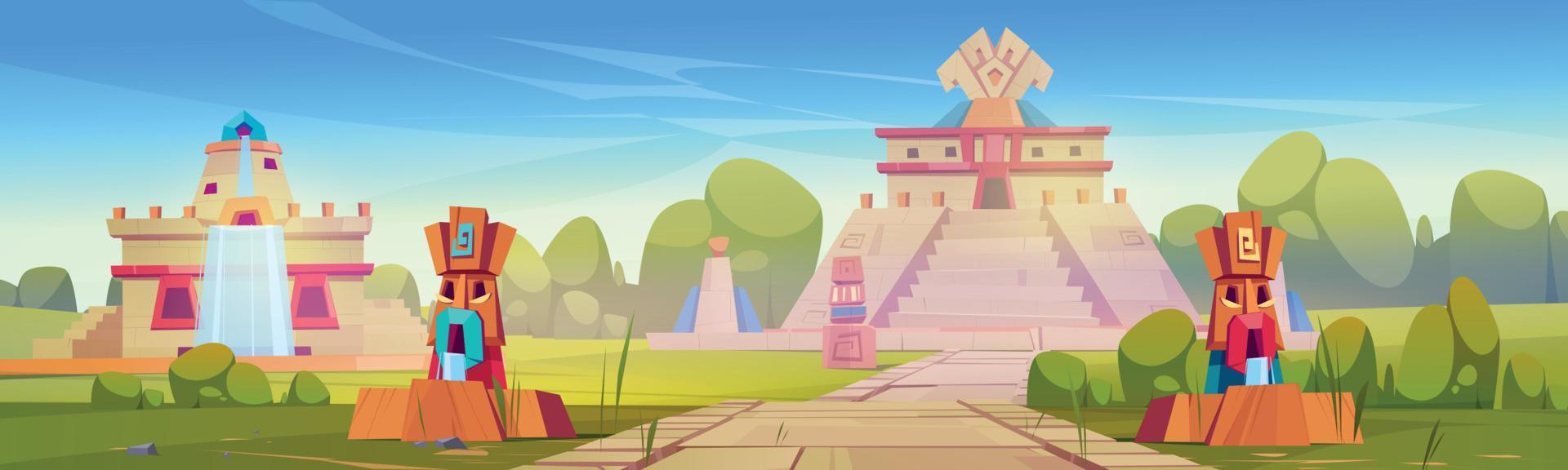 ciudad azteca con pirámide y estatuas hito maya vector