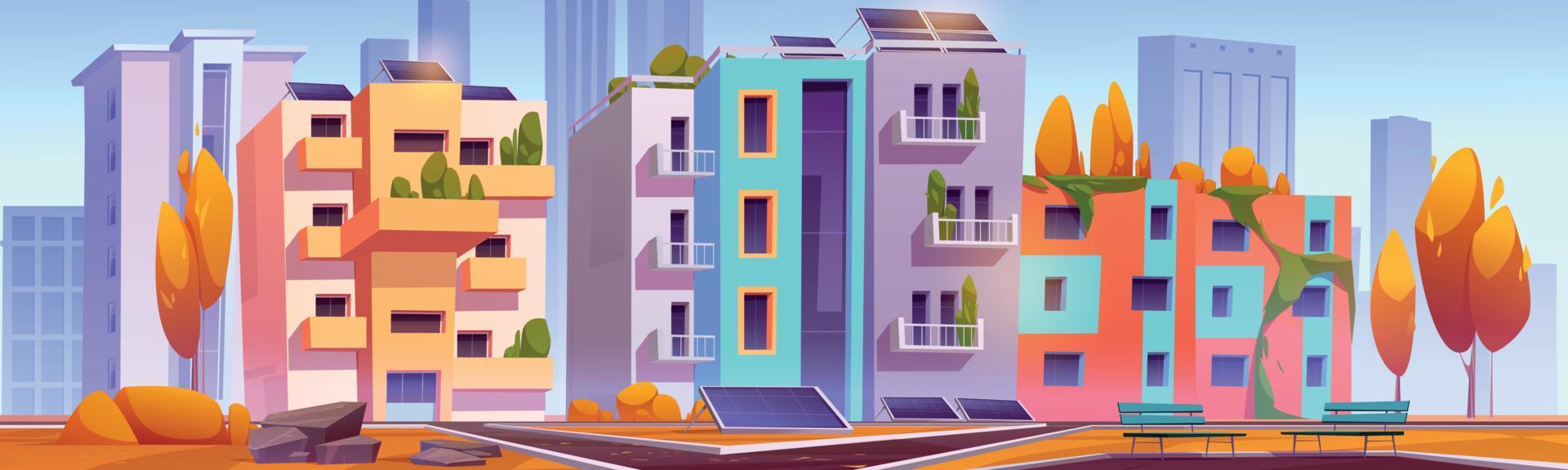 Green city with eco houses autumn landscape, town vector