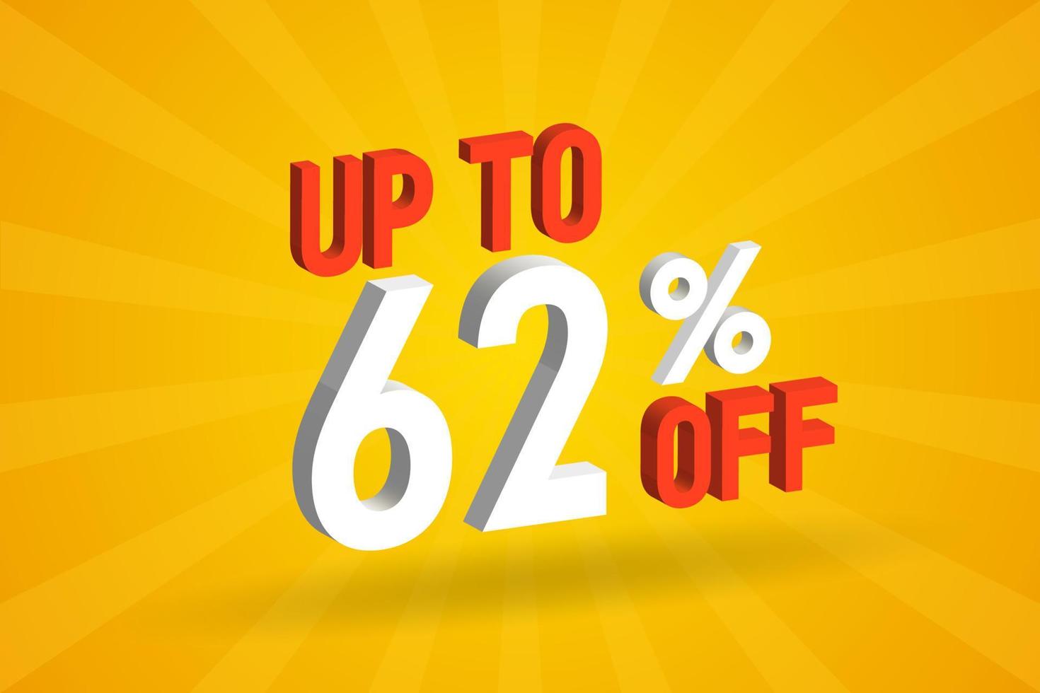 Up To 62 Percent off 3D Special promotional campaign design. Upto 62 of 3D Discount Offer for Sale and marketing. vector