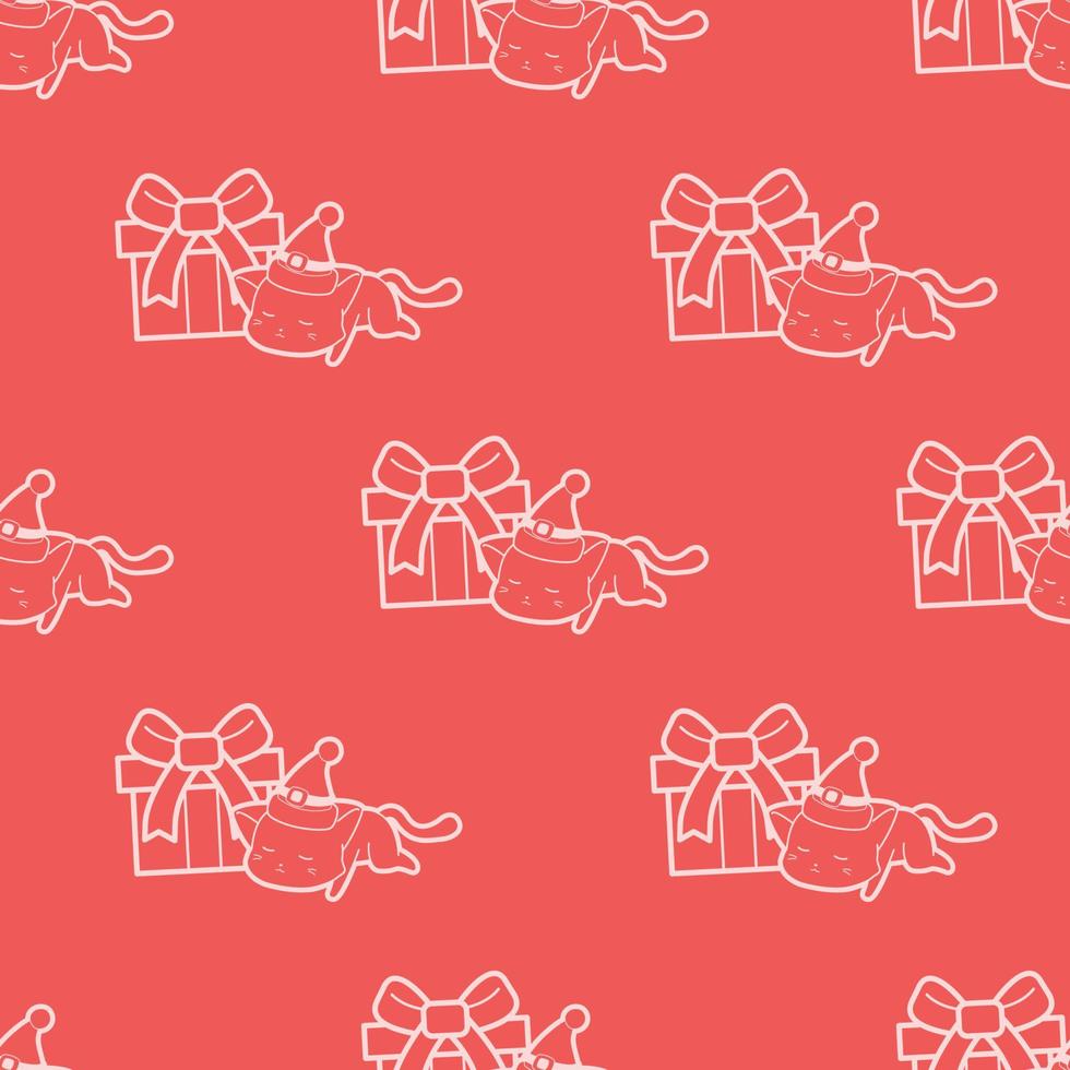 cute outline cat and gift cartoon in Christmas day seamless pattern vector
