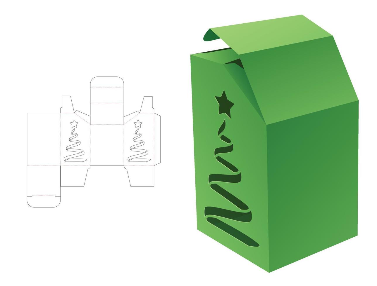 Chamfered box with stenciled Christmas tree die cut template and 3D mockup vector