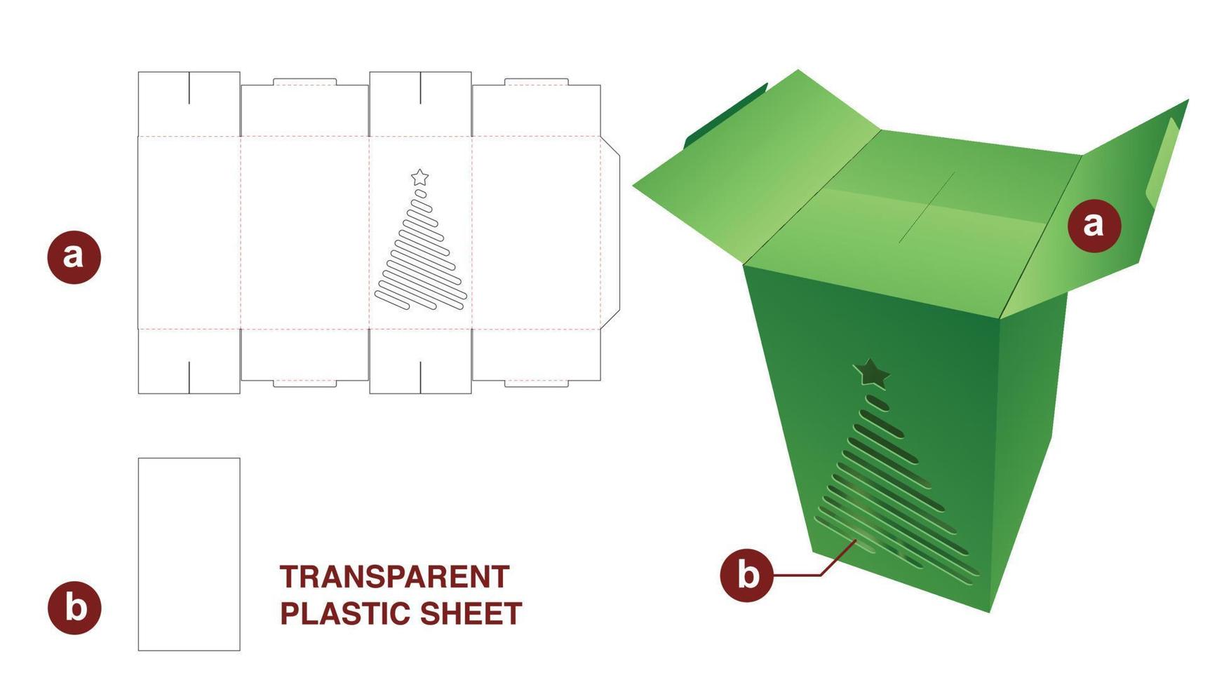 Caja de embalaje con apertura de 2 tapas con plantilla troquelada de árbol de Navidad estarcido y maqueta 3d vector