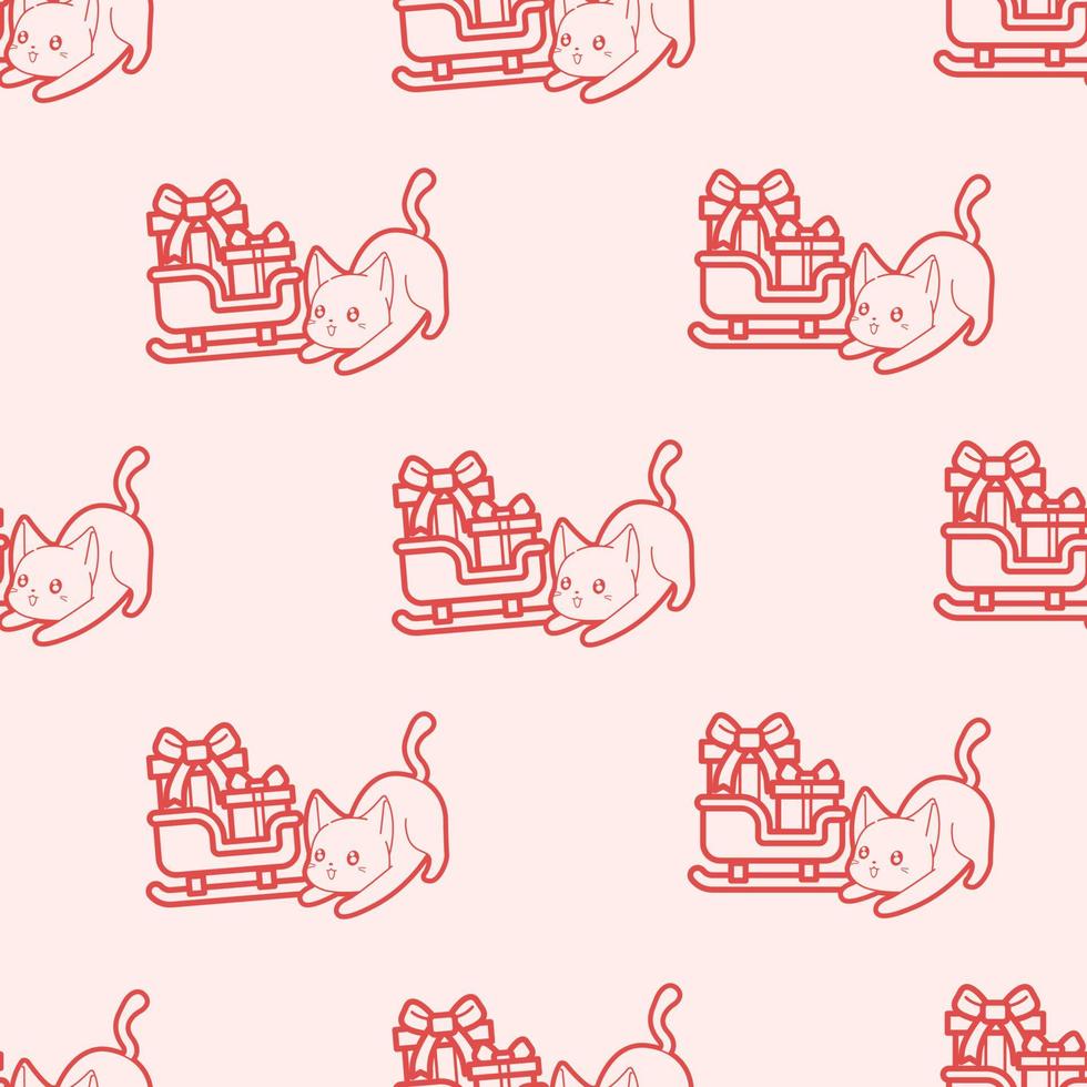 cute outline Christmas cat cartoon seamless pattern vector