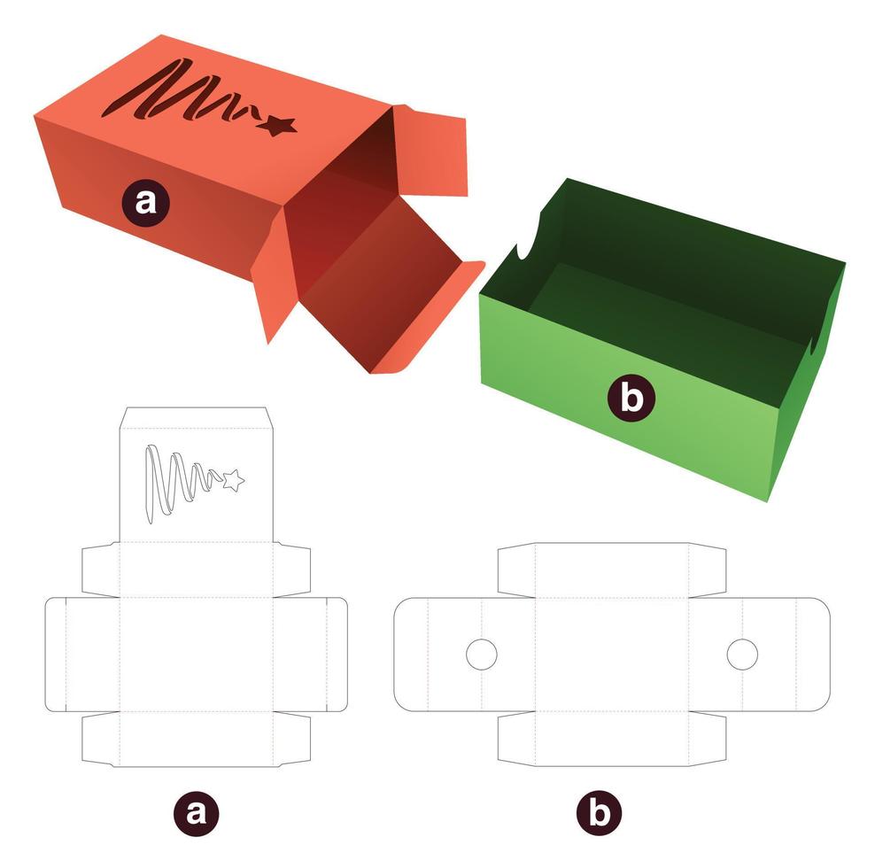 Stenciled Christmas tree packaging box with insert tray die cut template and 3D mockup vector