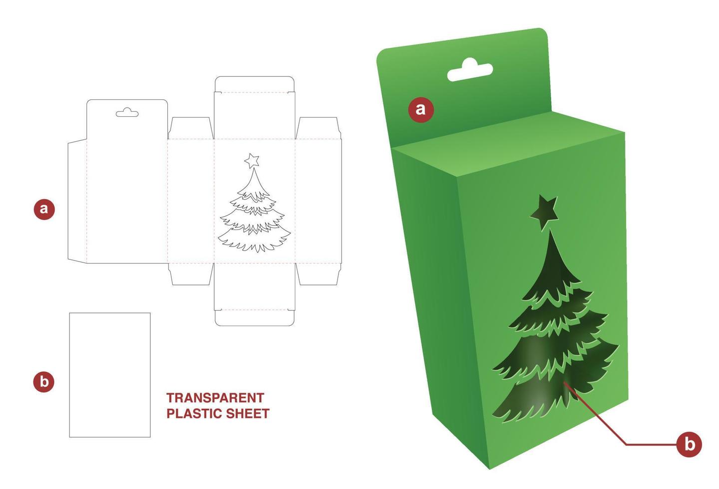 Cardboard hanging box with Christmas tree window and transparent plastic sheet die cut template and 3D mockup vector