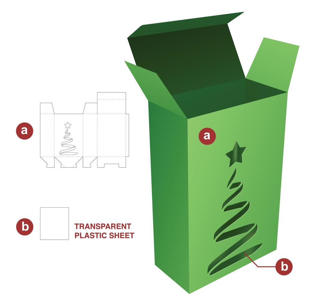 Cardboard box with Christmas tree window die cut template and 3D mockup vector