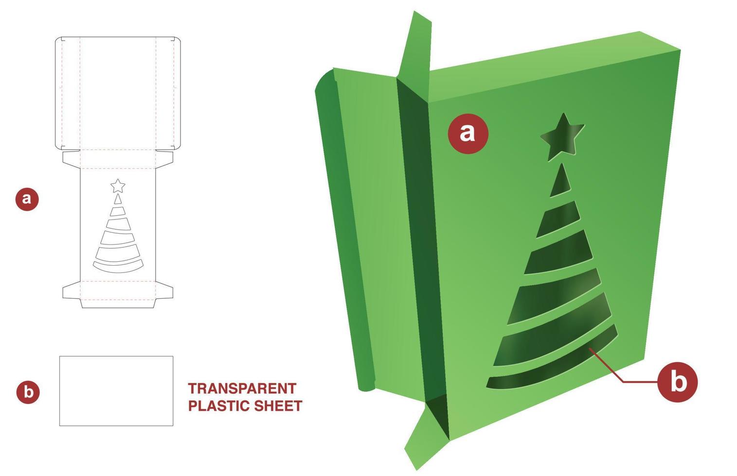 Cardboard tin box with Christmas window and transparent plastic sheet die cut template and 3D mockup vector