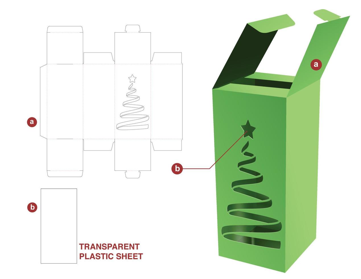 caja abatible y ventana de árbol de navidad con plantilla troquelada de lámina de plástico transparente vector