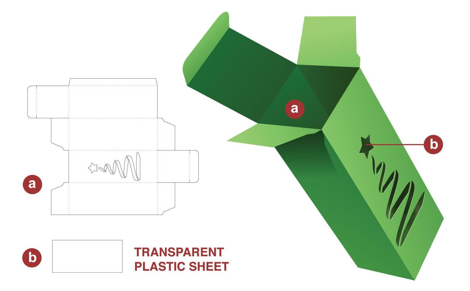 Tall packaging with stenciled Christmas tree die cut template and 3D mockup vector