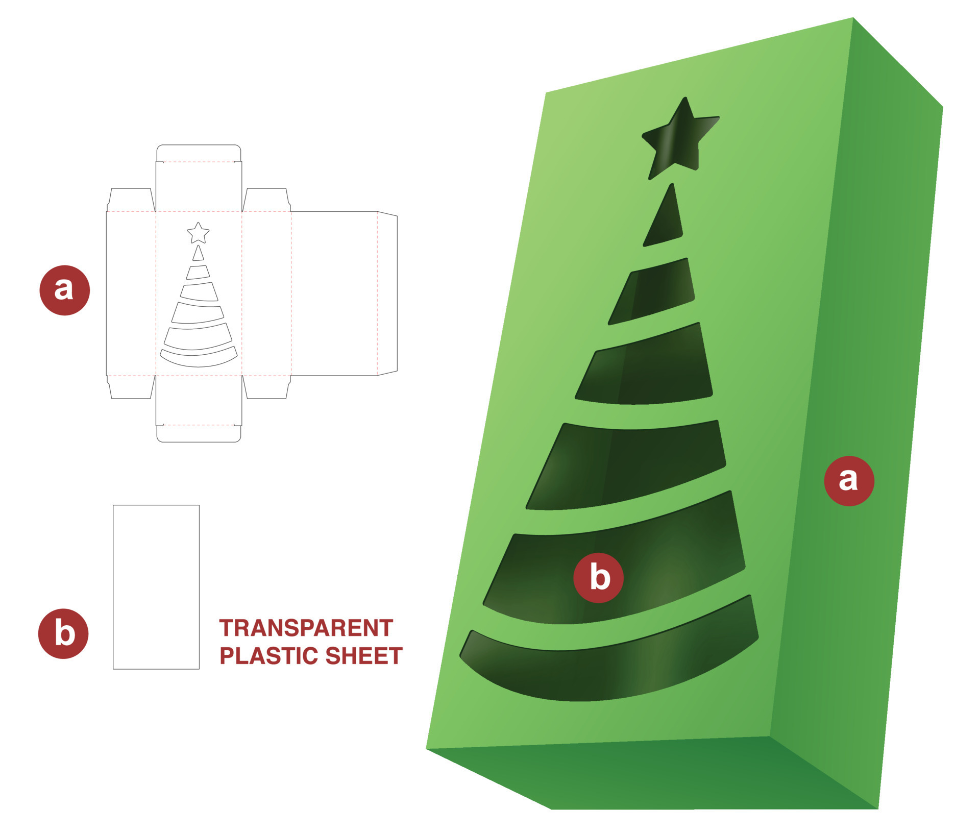 packaging box with Christmas tree window die cut template and 3D mockup