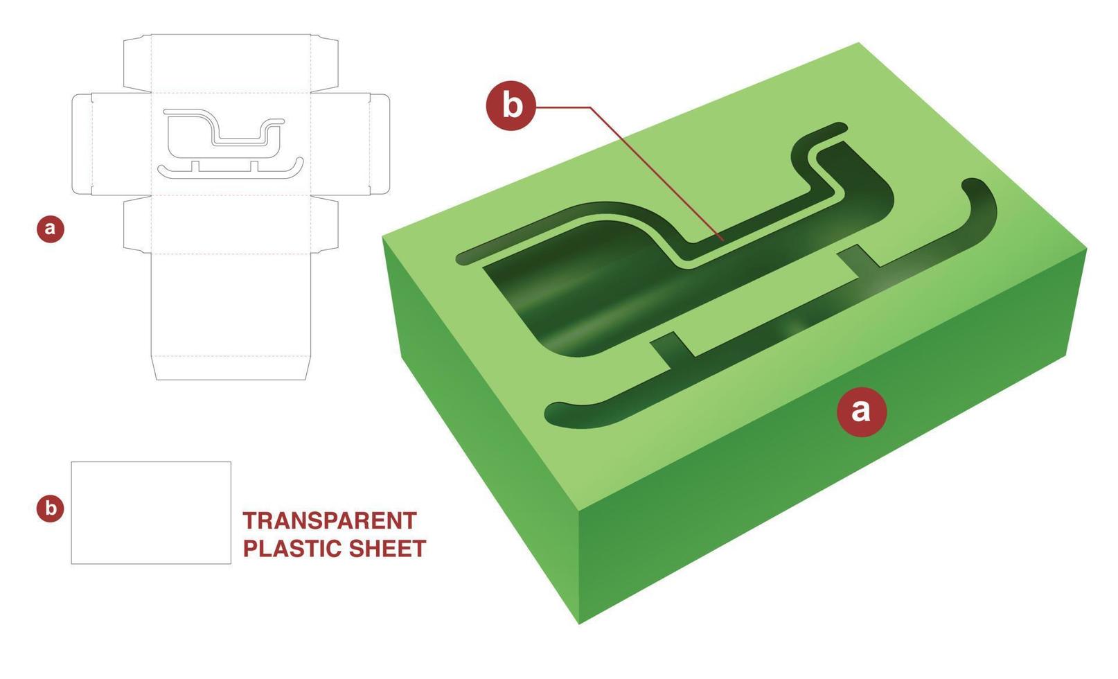 Box and Christmas window with transparent plastic sheet die cut template and 3D mockup vector