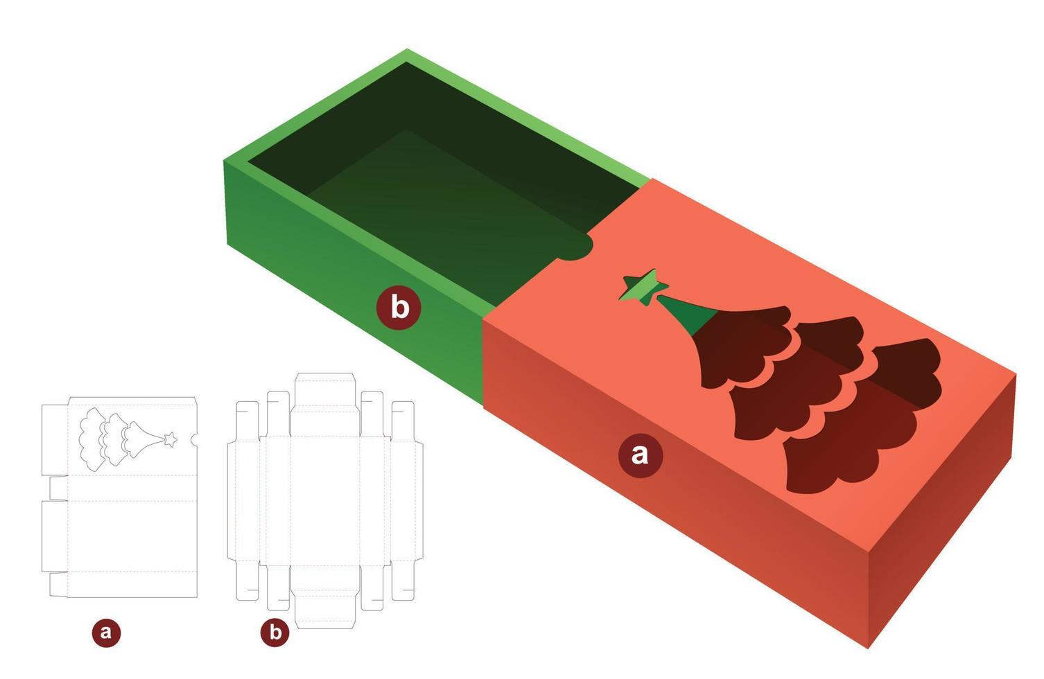 long sliding box with Christmas tree window die cut template and 3D mockup vector