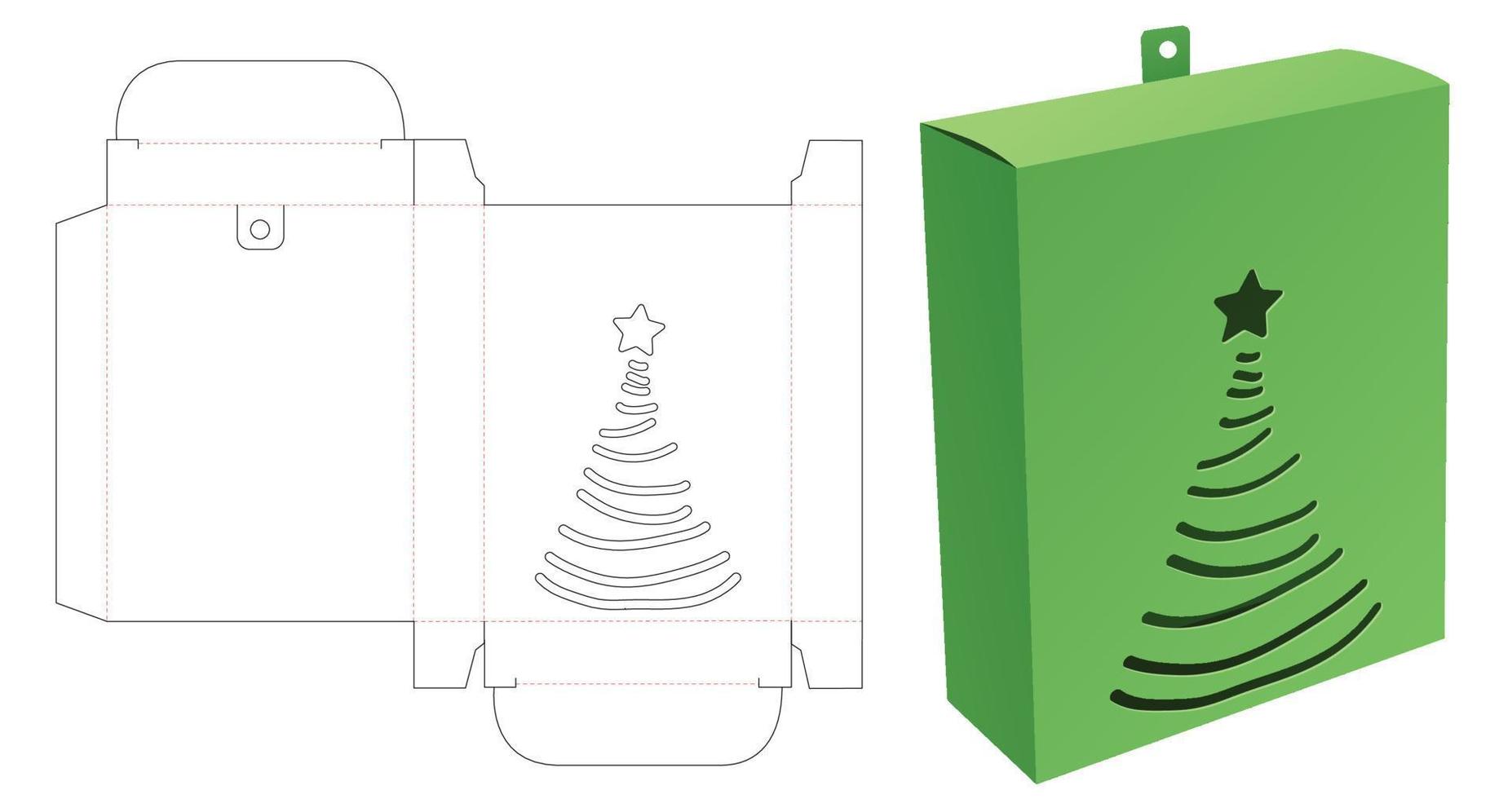embalaje colgante con plantilla troquelada de árbol de navidad estarcido y maqueta 3d vector