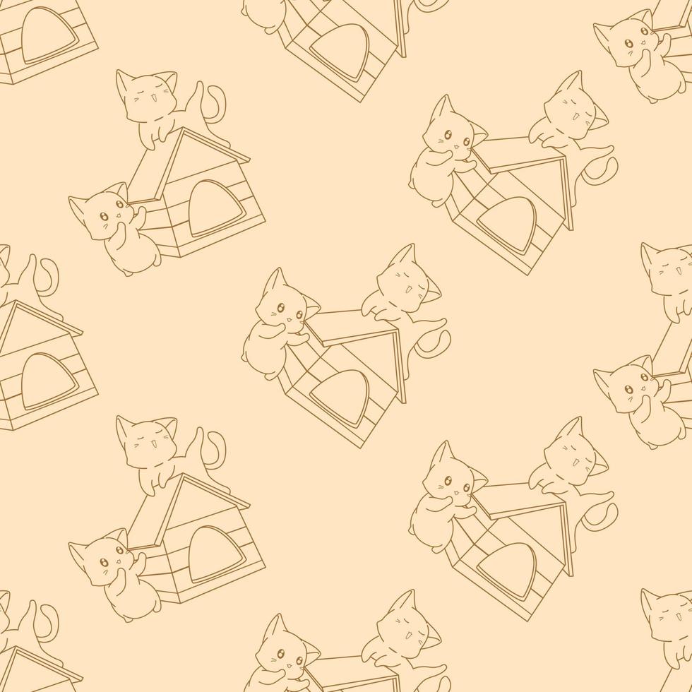 cute doodle cat and wooden house cartoon seamless pattern vector