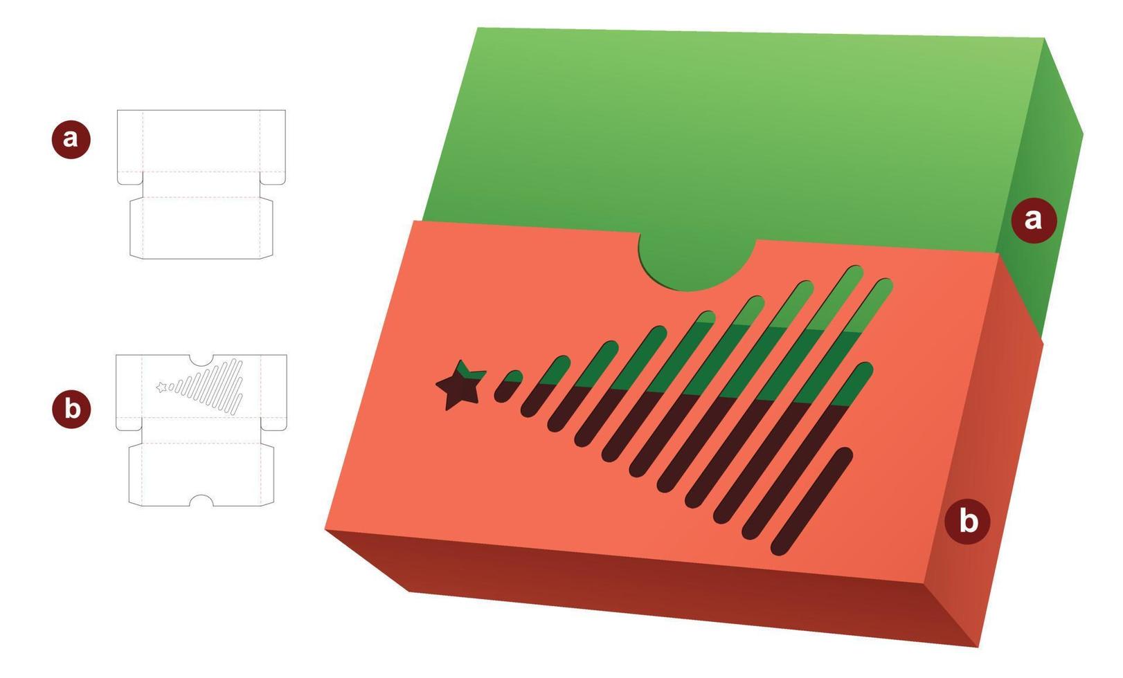 sliding box with stenciled Christmas tree window on cover die cut template and 3D mockup vector