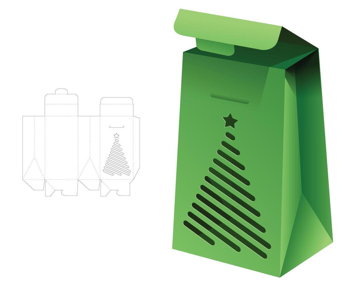 Cardboard packaging flip bag with stenciled Christmas tree window die cut template and 3D mockup vector
