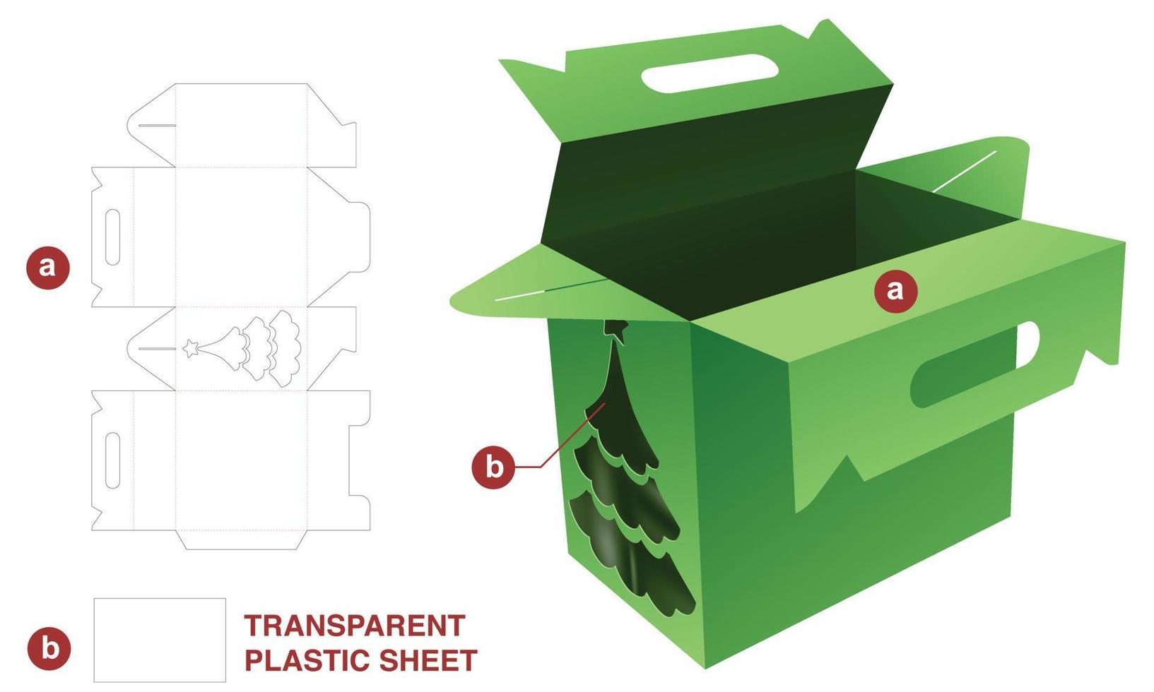 caja de manija con plantilla troquelada de ventana de árbol de navidad y maqueta 3d vector