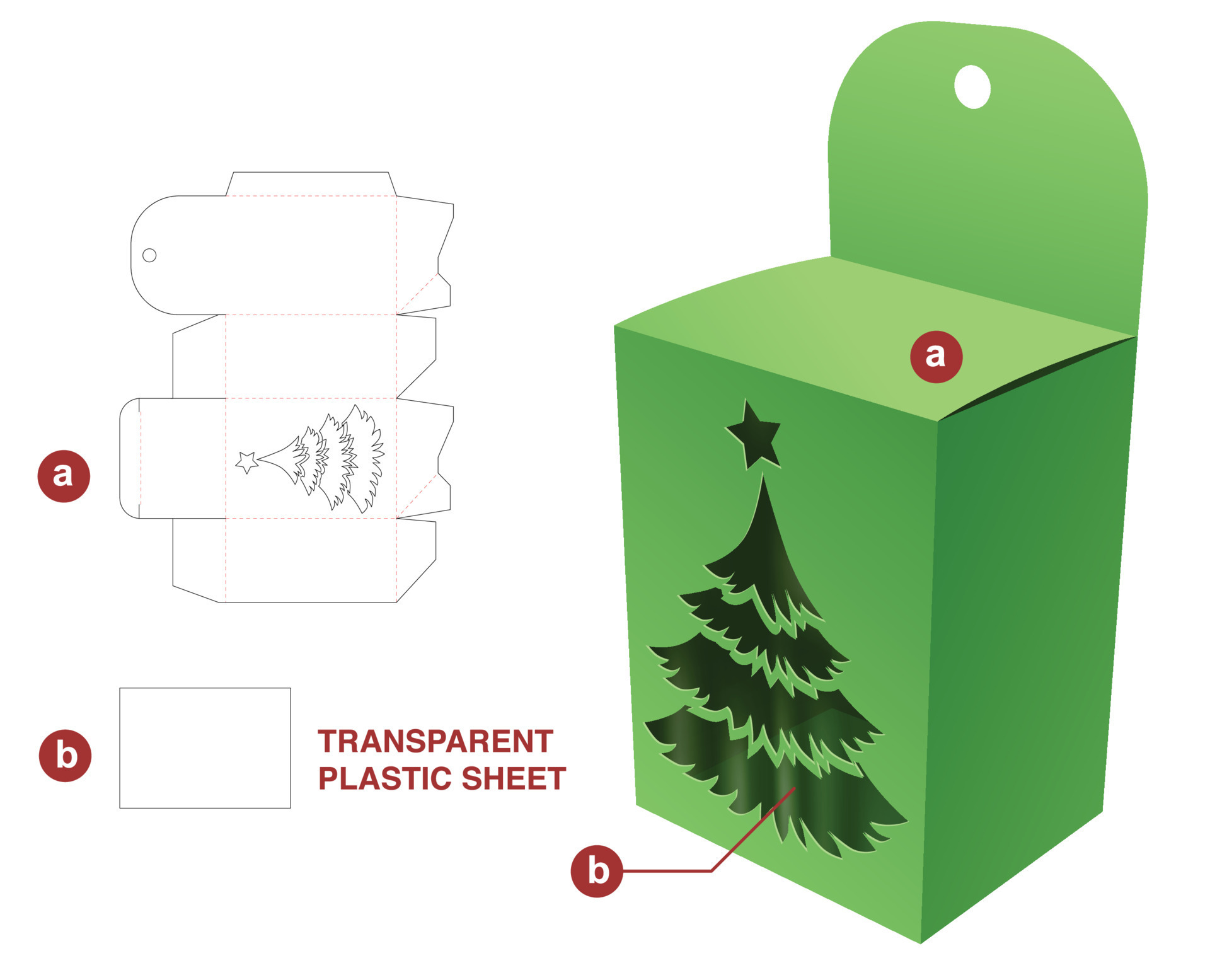 hanging box with Christmas tree window die cut template and 3D mockup