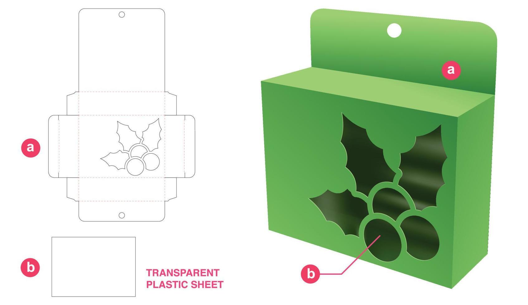 Cardboard hanging packaging with Christmas window and transparent plastic sheet die cut template vector