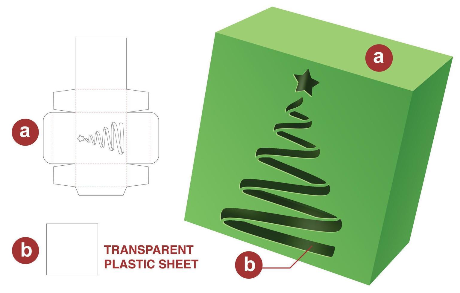 caja con plantilla troquelada de ventana de árbol de navidad y maqueta 3d vector