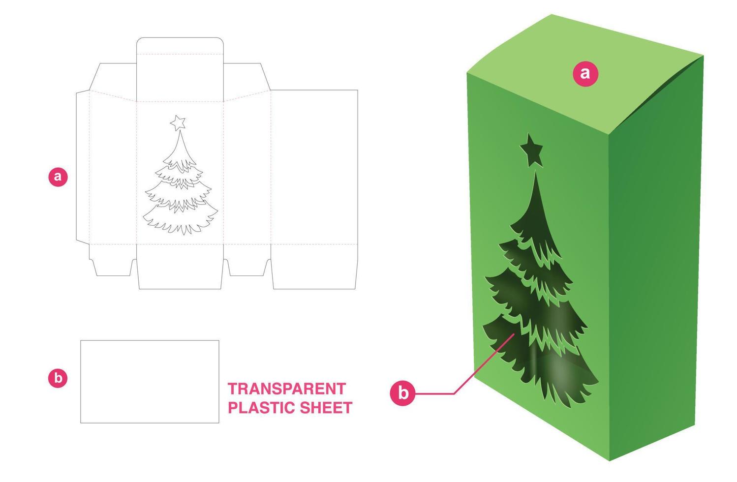 Tall sloped box with Christmas tree window and transparent plastic sheet die cut template vector