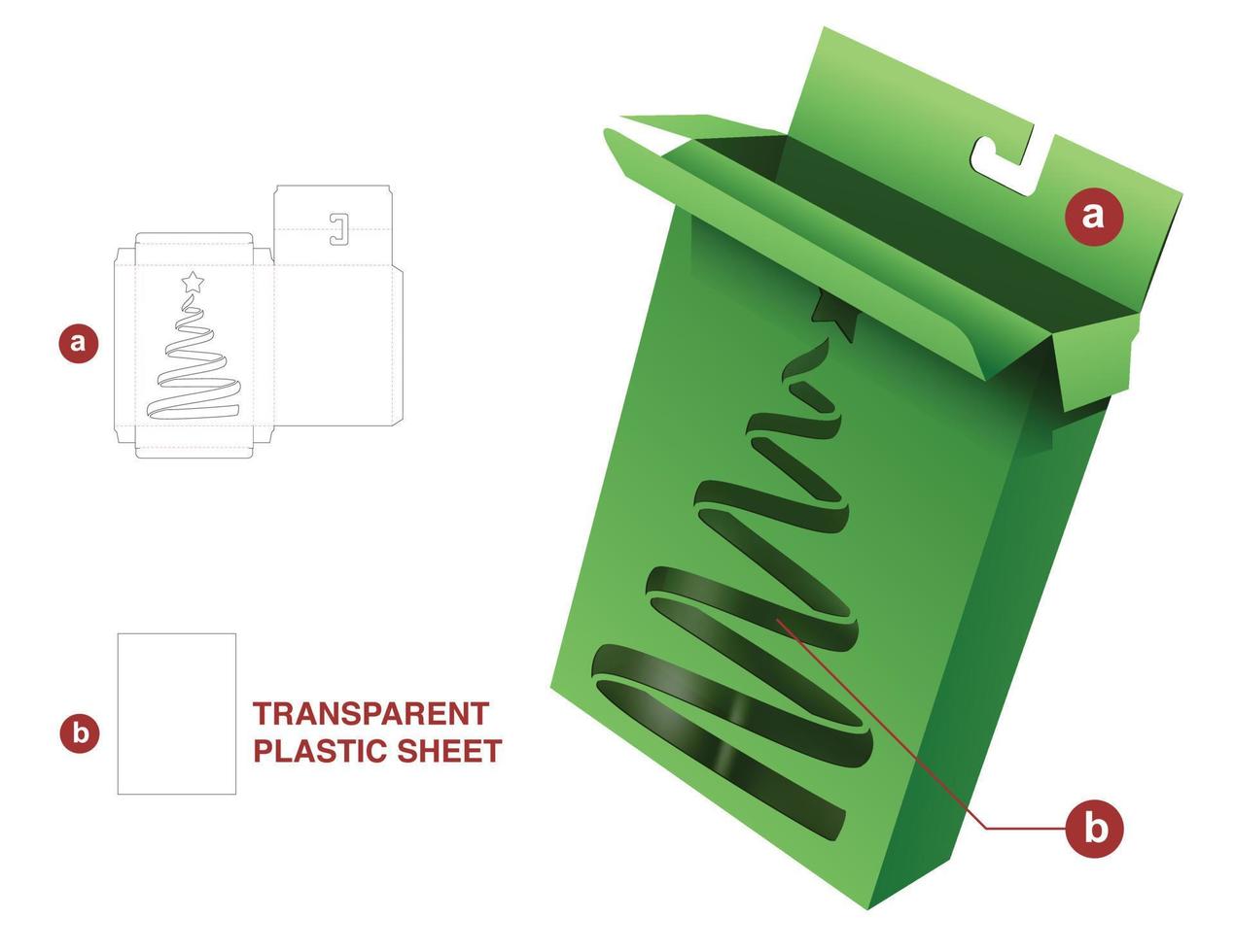 Box with Christmas tree window and hang hole die cut template and 3D mockup vector