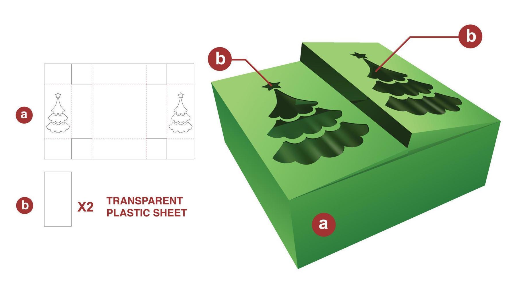 2 flaps box with Christmas tree windows and transparent plastic sheet die cut template and 3D mockup vector