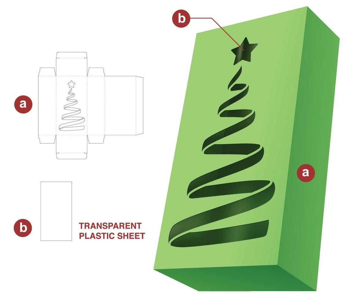embalaje con plantilla troquelada de ventana de árbol de navidad y maqueta 3d vector