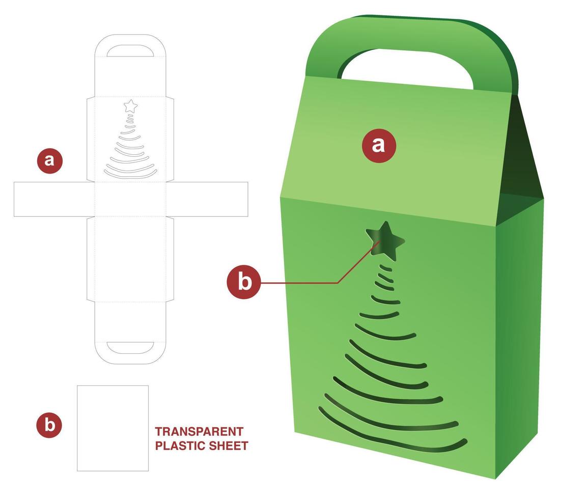 caja de bolsa de cartón con plantilla troquelada de ventana de árbol de navidad y maqueta 3d vector