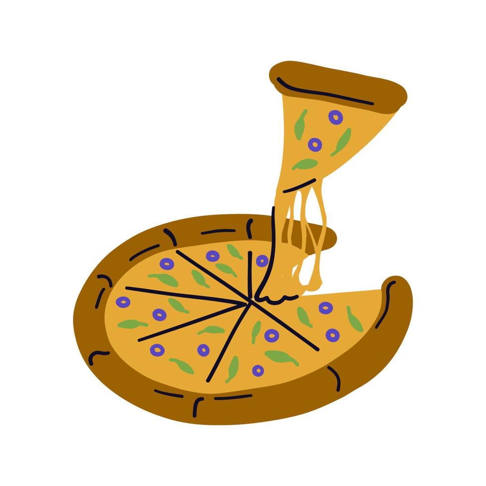 Cartoon design food element pizza. Hand drawn fast food vector