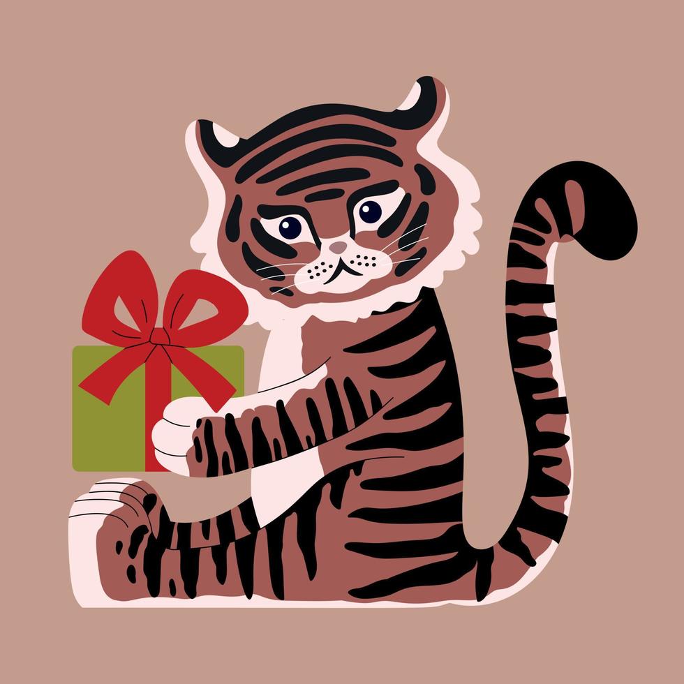 drawn cute tiger with a gift in its paws. vector flat illustration in modern style. year of the tiger 2022. children's style. for Christmas cards, posters, magnets.