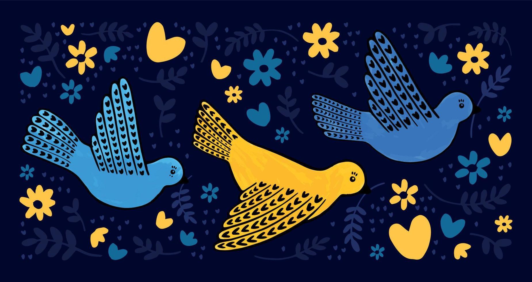 palomas de la paz dibujadas a mano en colores azul y amarillo. linda ilustración para una postal o afiche. vector