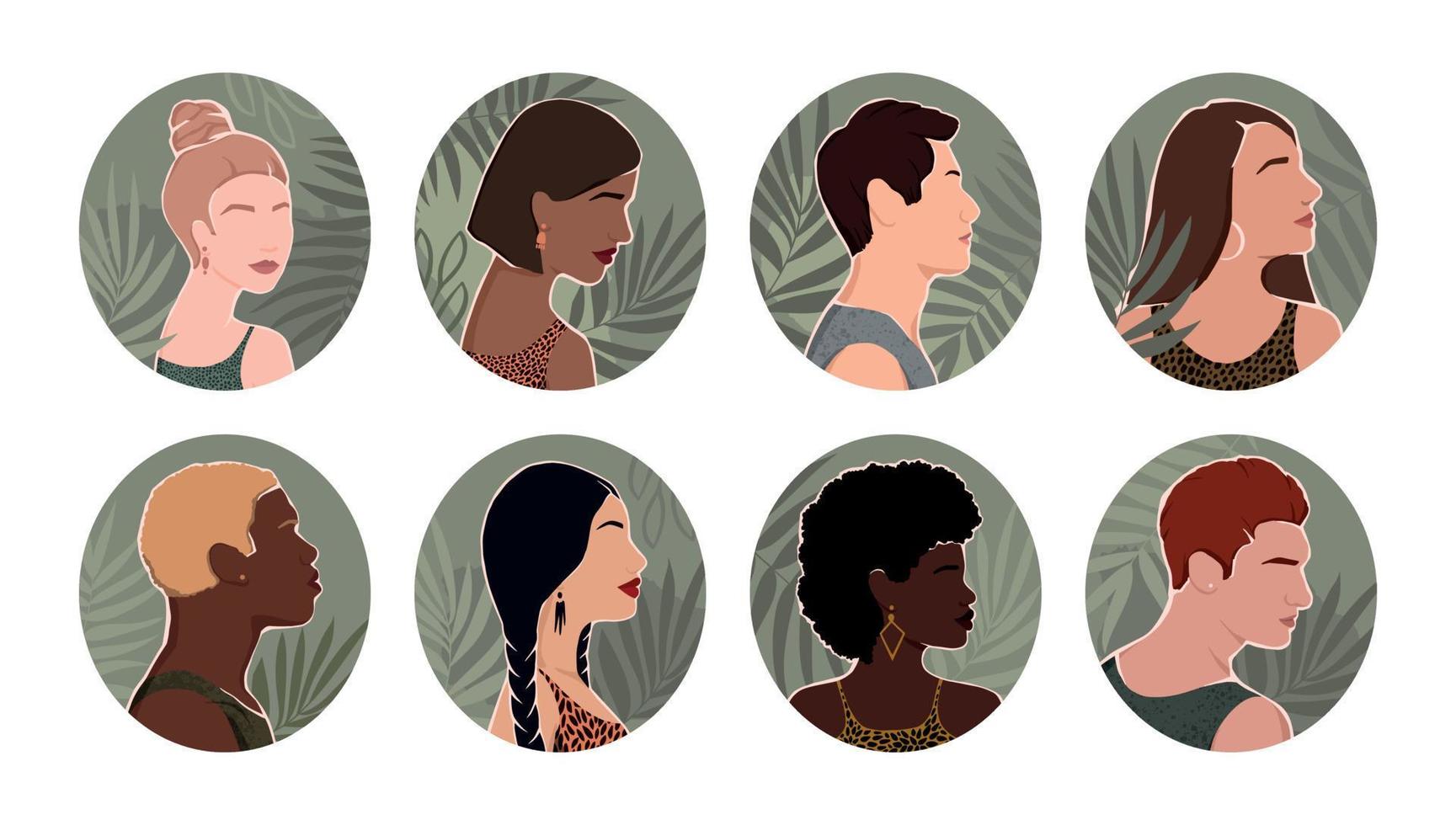 un conjunto de íconos con un grupo de personas diversas de diferentes orígenes étnicos están juntos. todas las personas son iguales. ilustración plana.. vector