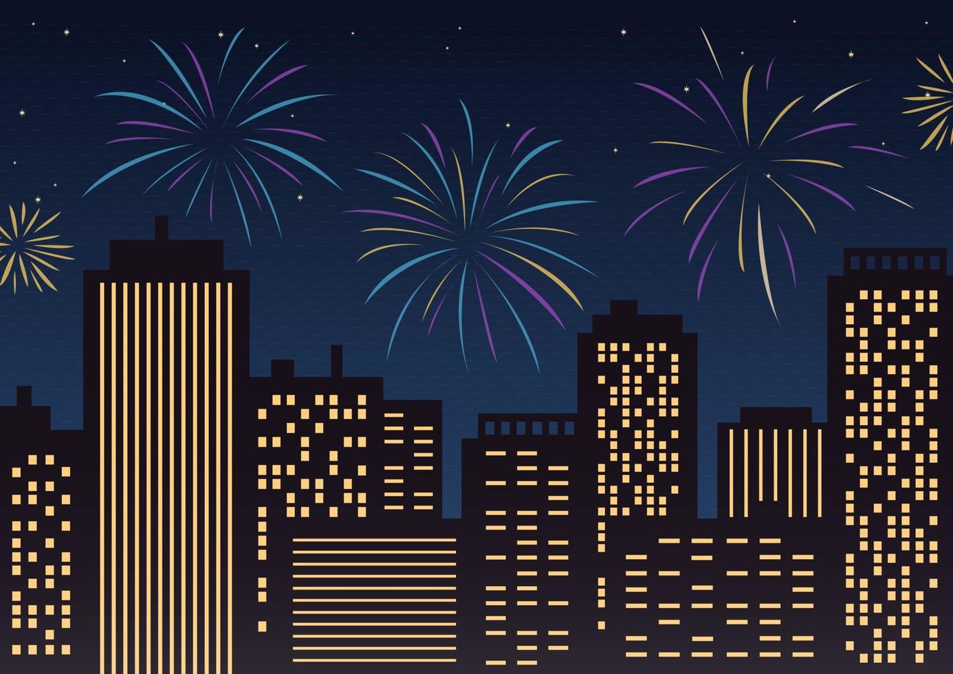 fuegos artificiales en la ciudad. edificios con ventanas luminosas contra el cielo con fuegos artificiales. ilustración plana vectorial. vector