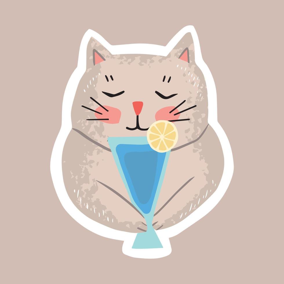 linda pegatina de verano, el gato está bebiendo un cóctel. ilustración de dibujo infantil en estilo escandinavo. vector