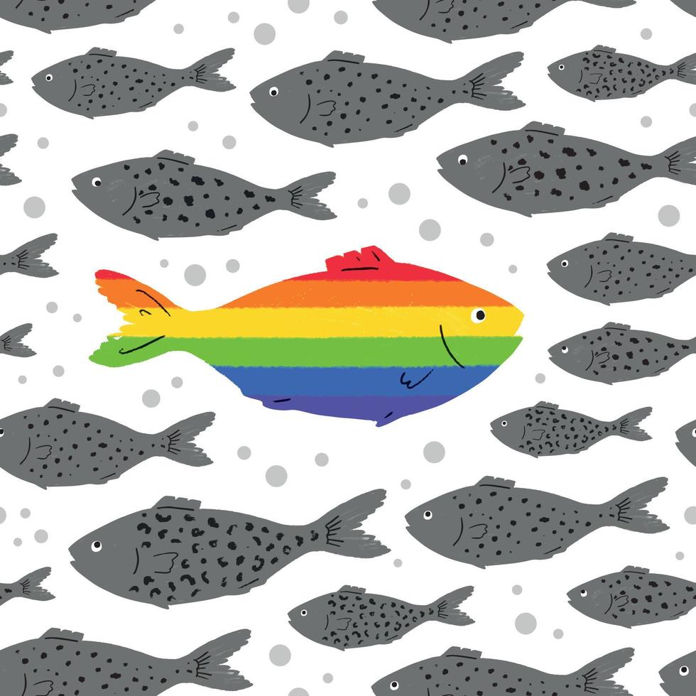 A rainbow fish swims against a school of gray fish. Seamless pattern to support the LGBT community. Be yourself. Pride Month. LGBT flag. Perfect for textile or fabric. vector