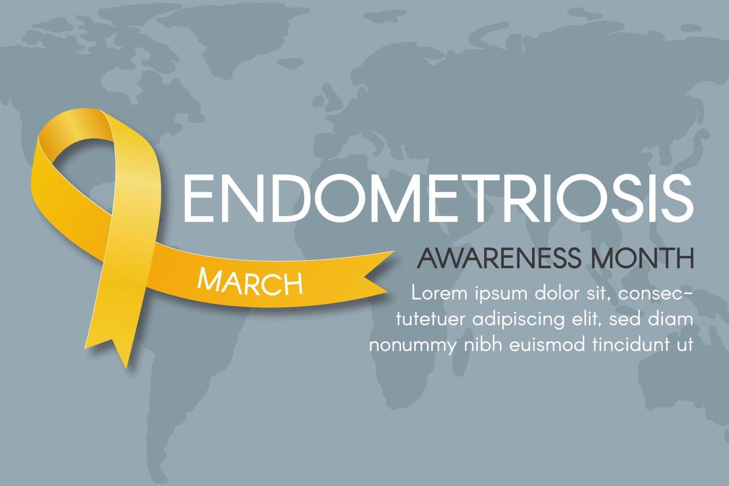 Endometriosis awareness month banner. Yellow ribbon, space for text, world map. Vector flat illustration.