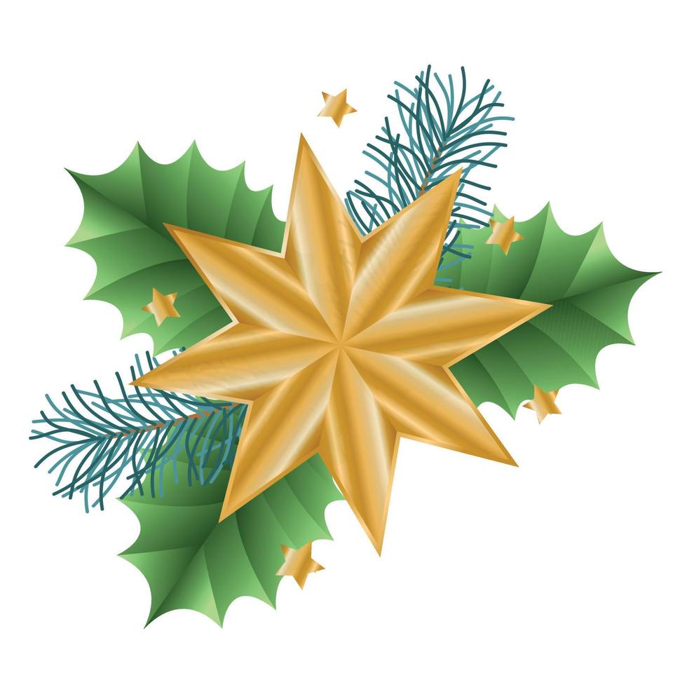 Golden Christmas eight-pointed star with fir branches and leaves. Vector illustration. 3d picture.